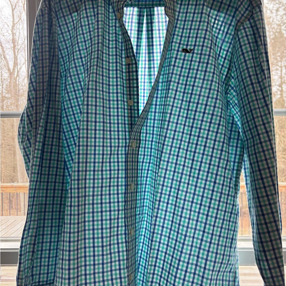 Vineyard Vines Aqua and Navy Plaid Shirt